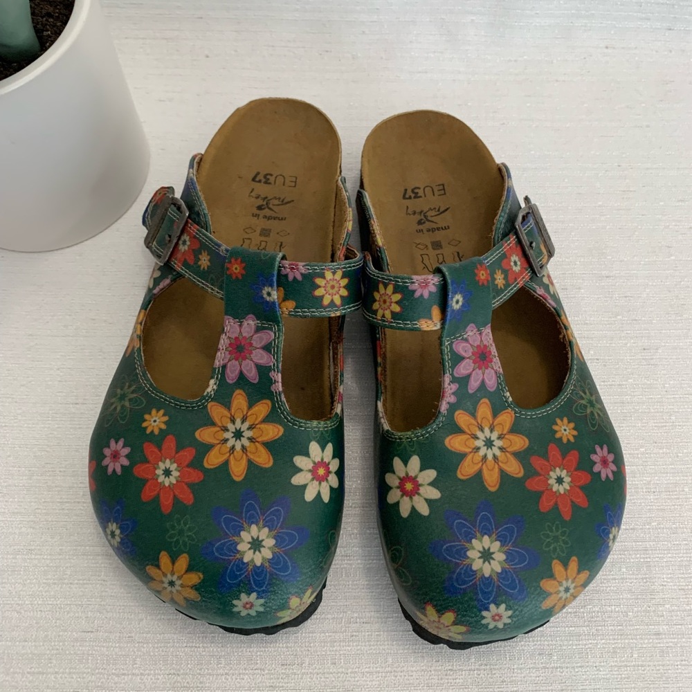 Goby GREEN AND COLORED MIXED FLOWERS PATTERNED LEATHER CLOGS - CAL1504 37 Turkey